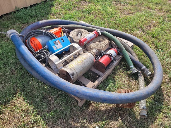 (1) Pallet w/ (2) Fire Extinguishers, (2) Fire Hoses, (2) Water Pumps, (3) Hoses, etc.
