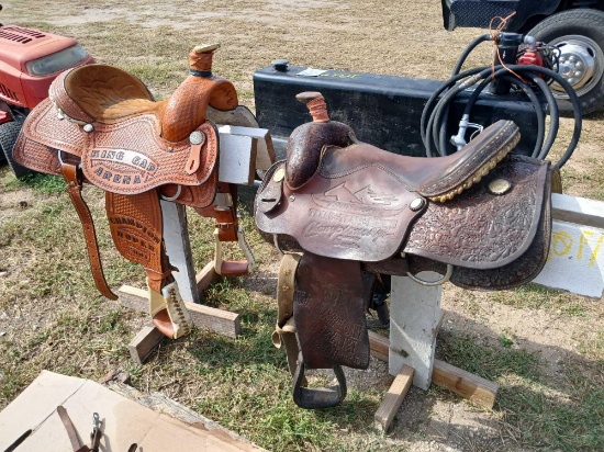 (1) Wrangler Brown Leather Western Horse Saddle, (1) Orange/Brown Leather Roping Saddle