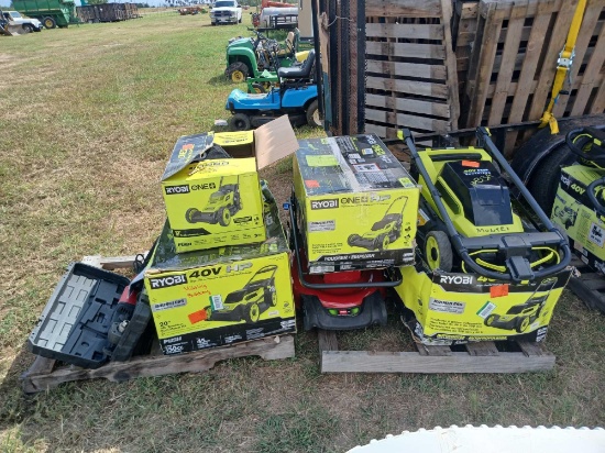 Pallet w/ Bauer Drill Right Angle w/ Case Kit, (5) Boxes of Various Ryobi Walk-Behind Lawn Mowers