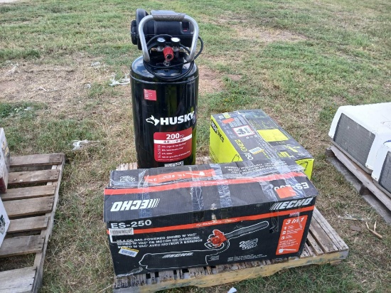 Pallet w/ (1) Husky 20 Gal. Air Compressor 200PSI, (1) Ryobi 18V One+ 13" Lawn Mower, etc.