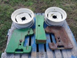 (2) 5-Hole Implement Wheels, (2) John Deere Front Suitcase Weights, (1) Counter Weight Bar on Pallet