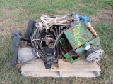 (1) Pallet w/ Blue Pump, Hoses, Fertilizer Squeeze Pump, Tractor Weight Bar, Misc. Farm Items