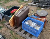 (1) Pallet w/ Brown Vintage Suitcase, (2) PetSafe Plastic Pet Doors, (1) Makita...Portable Radio, et