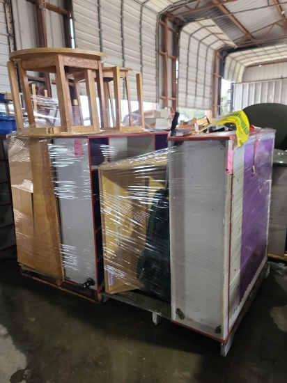 (2) Pallets w/(2) Section Lockers, (2) Book Displays, (4) Circle Wooden Tables,etc.