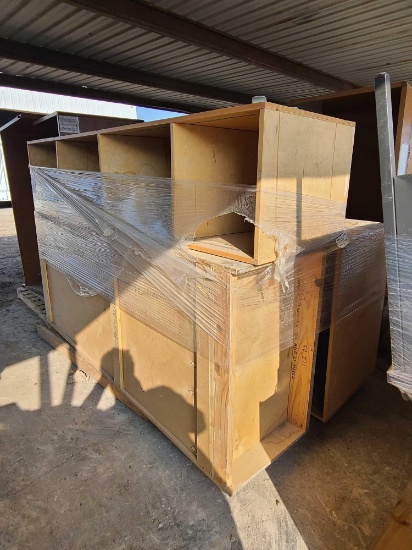 (2) Pallets w/ (2) Large Desks w/ Drawers, Wood Cubbies, Shelve Bookcases