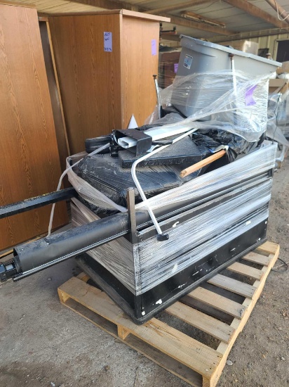(1) Pallet w/ (2) Projection Screen, A Box of Volume Cases, Computer,(1) Desk, etc.