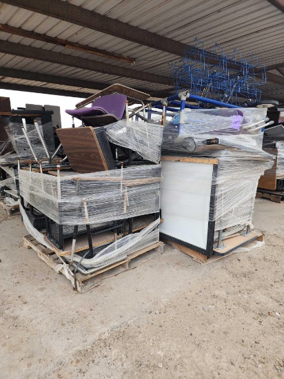 (2) Pallets w/ Student Desks, Stackable Student Chairs, (1) Mobile Ball Rack