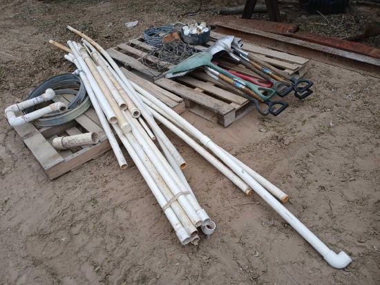 Group of Shovels, PVC Pipes, Cables & Misc.