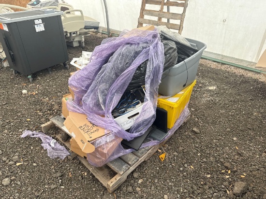 Pallet w/ Bin of Overhead Projector Document Cameras, Keyboards, HDMI and Computer Cables, etc.