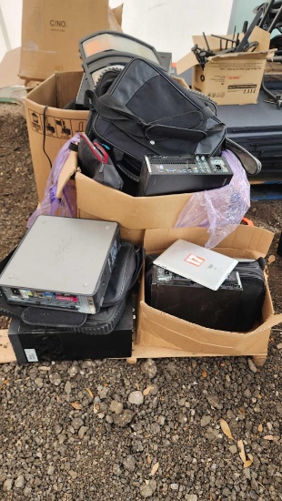Pallet w/ Boxes of Desktop Computers (EX: HP, Dell), (1) ID Maker, Computer Headset, etc.