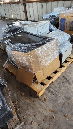 Group of Assorted Printers, Box of Brown Gift Bags, (1) LG TV on Pallet