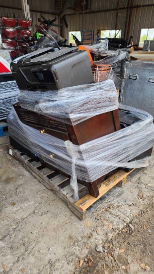 (1) Pallet w/ Group of Hp Printers, (DELL) Desktop Keyboards, Wooden Cabinet, ETC.