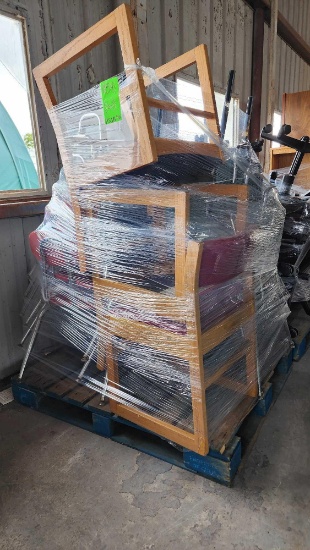 Group of Stackable Student Chairs, Wood Chairs on Pallet
