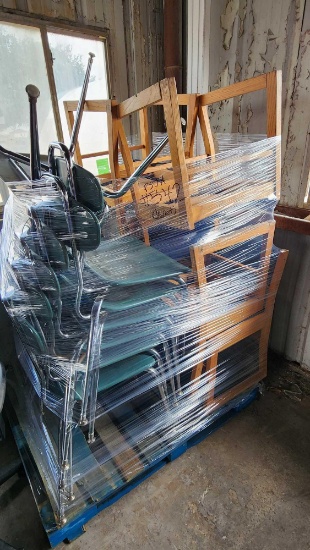 Group of Stackable Student Chairs, Wood Chairs on Pallet