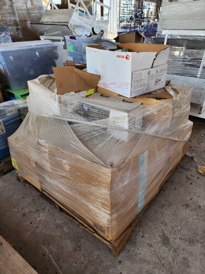 (1) Pallet w/ Boxes of Decorative Holiday Ornaments, 3-Ring Binders, Folders, Colored Paper, etc.
