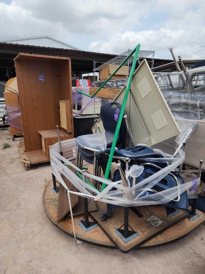 (2) Pallets w/ (2) Tables, Stackable Chairs, (1) File Cabinet, (2) Wood Office Desks, etc.