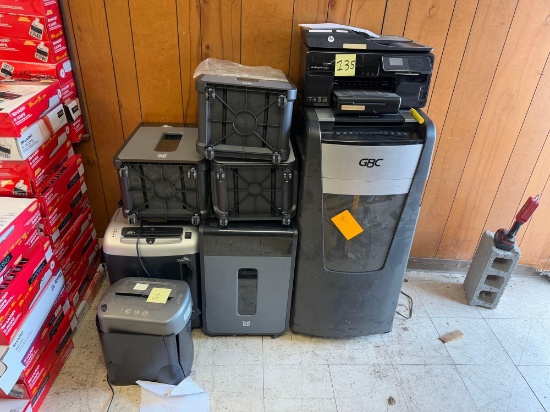 Group of Assorted Mobile Paper Shredders, (1) HP Printer. OFFSITE: BROWNSVILLE, TX