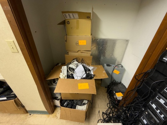 Group of Boxes w/ Various Cords, Wires, Power Strips, & Misc. Office Supplies/Electronics,