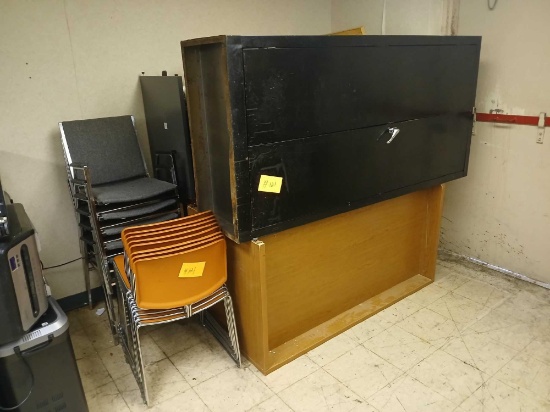 Group of Stackable Chairs, Vertical Metal Storage Cabinet, Wood Shelf w/ Cabinet Storage,