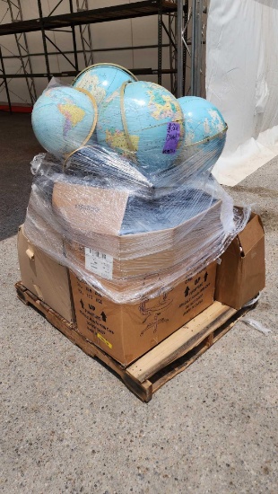 (4) World Globes, Dell Computer Monitors, Invicta Attribute Block Desk Sets on Pallet