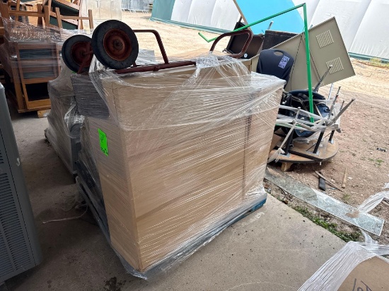 (1) Printer, (1) Rolling Cart, (1) Red Dolly, (2) File Cabinets on Pallet