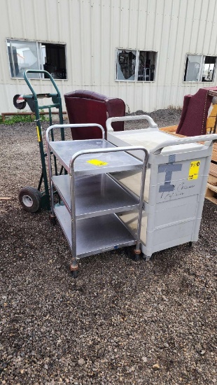Group of (2) 3-Tier Service Carts, (1) Green Dolly, (1) Leather Executive Office Chair