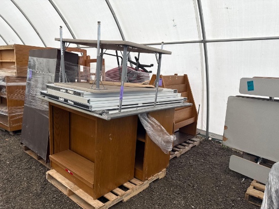 (2) Pallets w/ (2) Children's Tables, Cubicle Partitions, (2) Bookcases, etc.