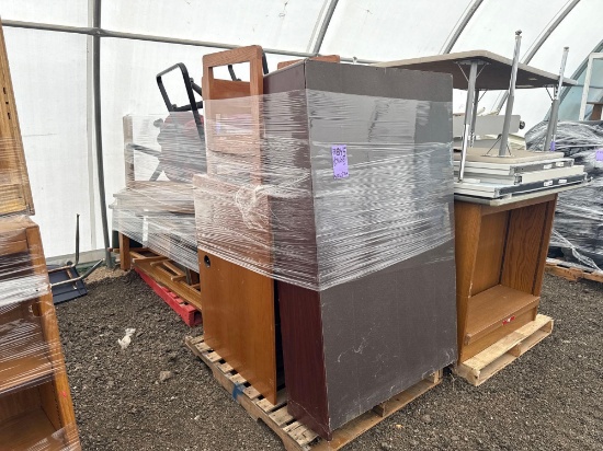 (2) Pallets w/ (2) Tables, Wood Chairs, Student Cubicle Desks, (1) Bookcase, etc.