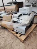 Group of Assorted Printers, Box of Brown Gift Bags on Pallet