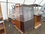 (2) Pallets w/ (2) Tables, Wood Chairs, Student Cubicle Desks, (1) Bookcase, etc.