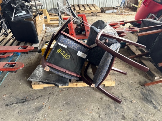 (2) Wooden Cushioned Office Chairs, (1) Desktop Monitor,(1) Rubbermaid Portable Mop Bucket on Pallet