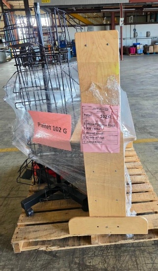 (1) Wire Magazine Rack, (1) Kid Table, (1) Wood Shelf, (1) Crate w/ Net, (1) Jump Rope