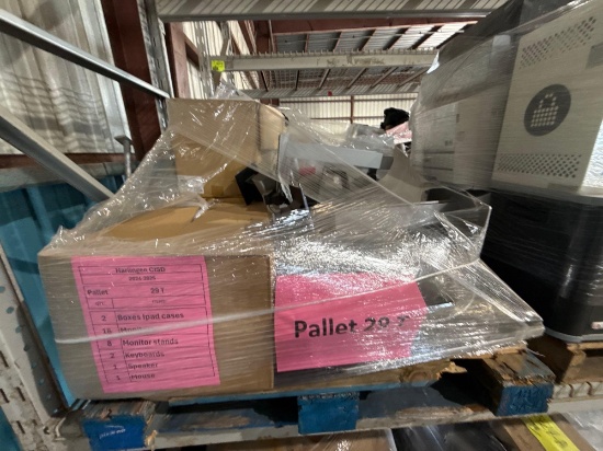 (2) Boxes of IPadCases, (18) Monitors, (8) Monitor Stands, (2) Keyboards, (1) Speaker, (1) Mouse