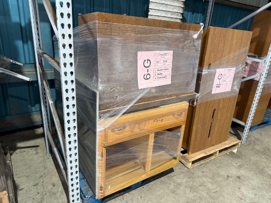 (2) Wooden Cabinets, (2) Desks, (1) Cork Board