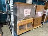 (2) Wooden Cabinets, (2) Desks, (1) Cork Board