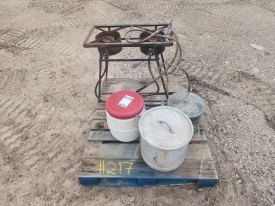 (1) Pallet w/ (2) Burner Outside Stove, (2) Gallon Water Cooler, (2) Cooking Pots