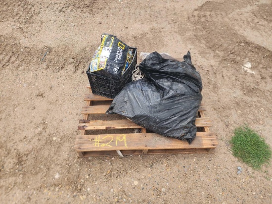 (1) Pallet w/ Bag of Assorted Tarps, Box of Extension Cords
