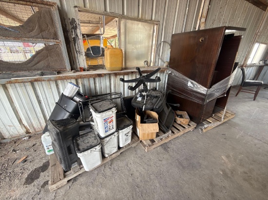 (3) Pallets w/ Wood Desks, (4) QuikSorb Buckets, (2) Plastic Trash Cans, Box of Calculators, etc.