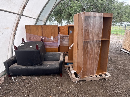(2) Bookcases, (1) 3-Seater Black Couch, (1) Black Lounge Ottoman on Pallet