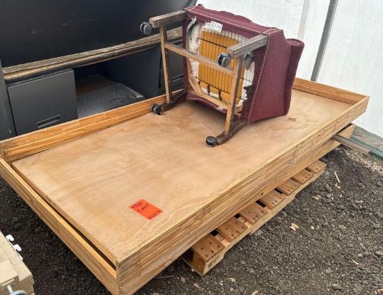 Group of (1) Rolling Cushion Chair, Wood Framing, (1) Plywood Panel on Pallet