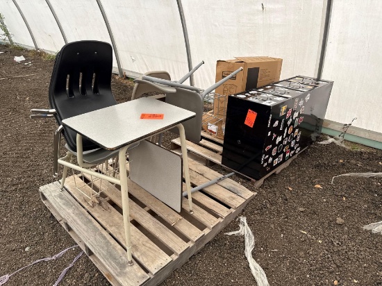 (1) Filing Cabinet, Student Desk, Box of U.S History EOC Workbooks, Box of Misc. Items on Pallet