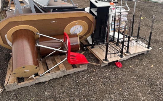 (3) Student Desk, (1) Student Chair, (1) Wooden Desk, (1) Rolling Lecture Podium Cart w/ Power Strip