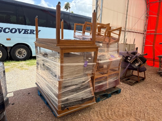 (2) Pallets w/ Group of Wooden Chairs, (3) Student Tables, File Cabinets, Etc.