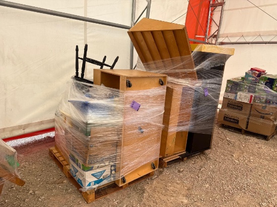 (2) Pallets w/(1) Wooden Bookshelf, (1) Black Wooden Chair (1) Rolling Desk, (2) Wooden Desk, ...