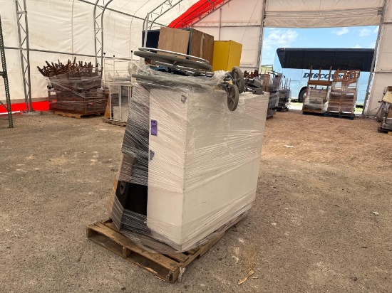 (1) Pallet w/Group of Bookcases, (1) Wheelchair, (2) SVP Series Speakers