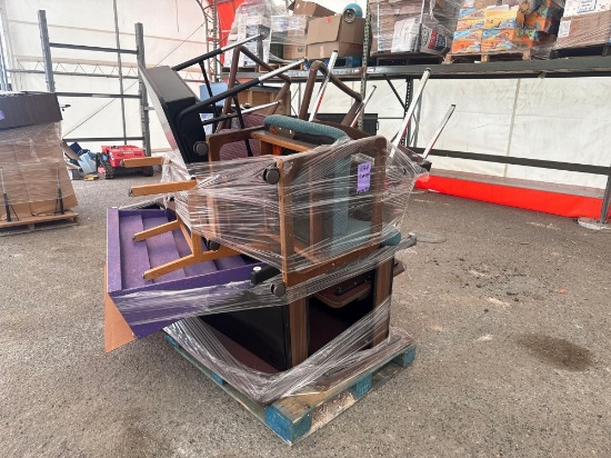 (1) Pallet w/ Wooden Chairs, (1) Student Desk, (1) Table, (1) Bookcase