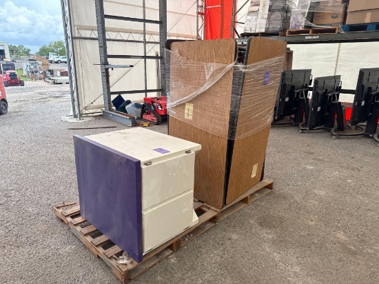 (2) Pallets w/ Group of (4) Tables, (1) Cabinet