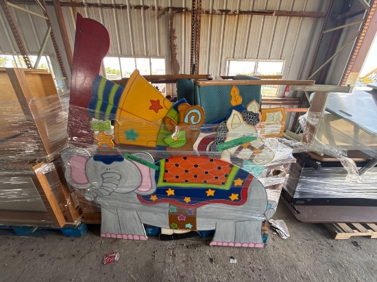 (2) Pallets w/ Group of Student Tables, Wood Cushioned Chairs, (1) File Cabinet, etc.