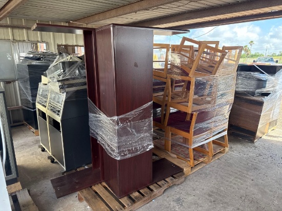 (2) Pallets w/ (2) Wood Desk Cabinet Additions, Group of Wood Chairs