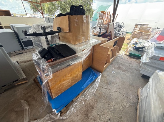 (2) Pallets w/ VolumeCase Laptop Carriers, Rolling Office Chairs, Desk, Disassembled Shelves, etc.